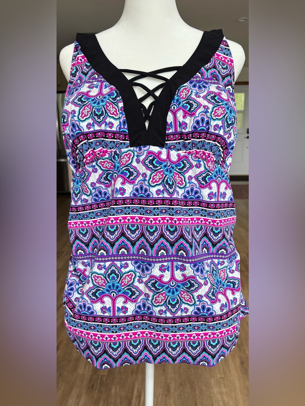 Christina Swimwear V-Neck Tankini top - Purple, Pink and Black Women’s size 2X